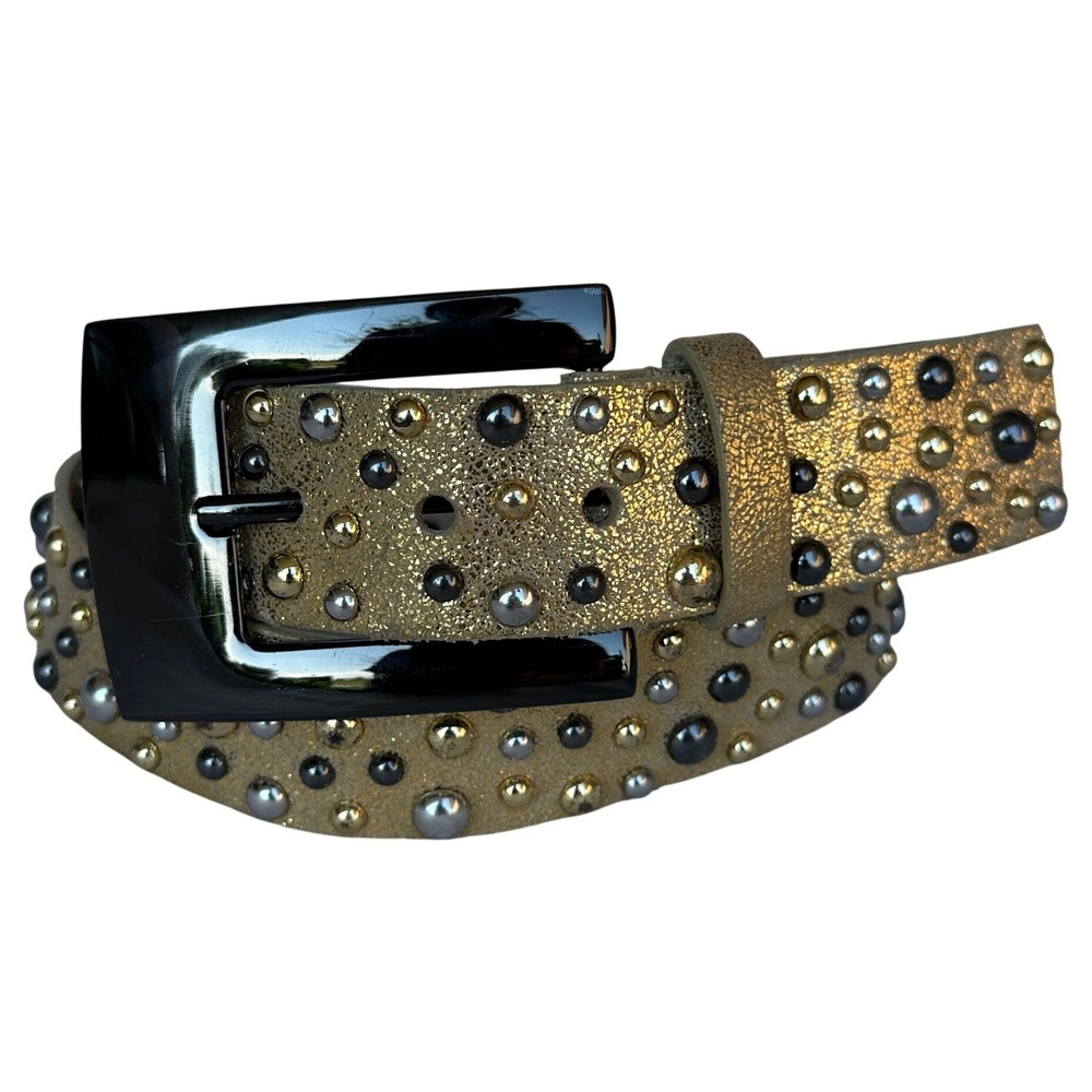Per Se Gold Metallic Genuine Leather Studded Belt Small Glam Rock Edgy Festival